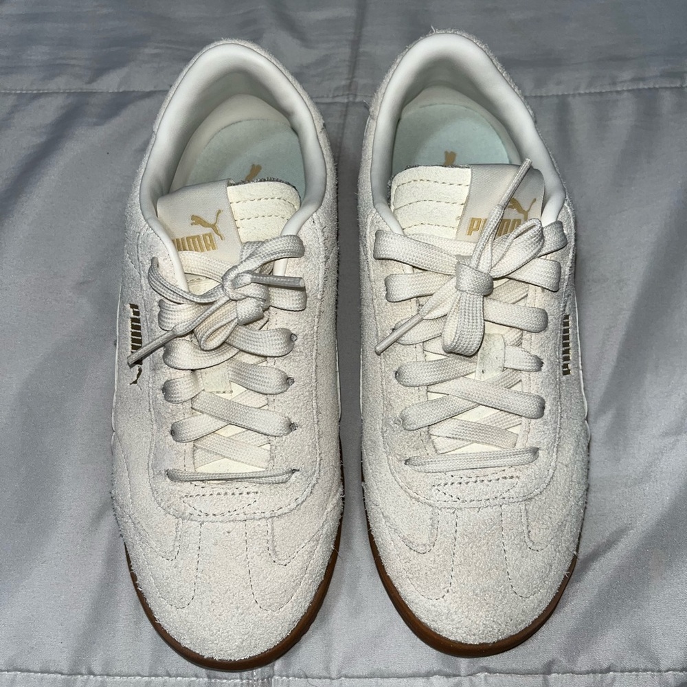 Puma White and Gold Sneakers with Brown Sole